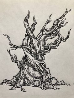 a black and white drawing of a tree with roots growing out of it's trunk