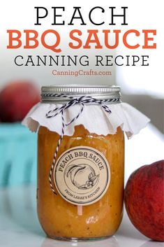 peach bbq sauce canning recipe in a mason jar with the title text above it