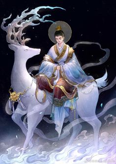 a woman riding on the back of a white horse next to an animal with horns