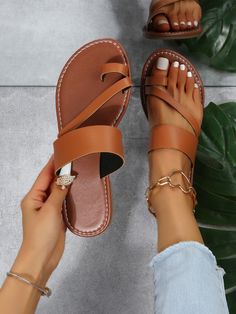 Rust Brown Fashionable Collar   Plain Thong Sandals Embellished   Women Shoes Cinderella Heels, Rocky Boots, Orange Heels, Rose Shoes, Crystal Heels, Chic Sandals, Clothes Sale, Suede Loafers, Women Clothes