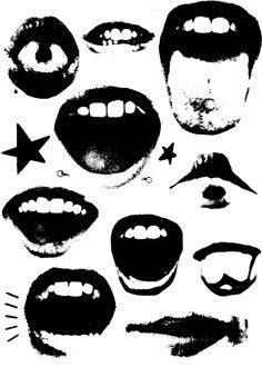 black and white drawing of mouth shapes with stars on the bottom right hand corner,