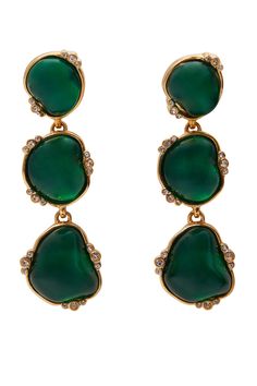 KENNETH JAY LANE Make a bold statement with these emerald green drop earrings, featuring three stunning emerald cabochons in elegant 14k gold-plated bezel settings. Accented with delicate crystals for a touch of sparkle, these clip-on earrings are perfect for adding glamour to any chic evening look. Gold-plated emerald green drop earrings Three emerald green cabochons 14k Gold plated bezel settings Small crystal accents Clip-on earring closure Length: 3.5", Width: 1" Kenneth Jay Lane, Bezel Setting, Emerald Green, Clip On Earrings, Jay, Emerald, Gold Plate, Sparkle, Drop Earrings