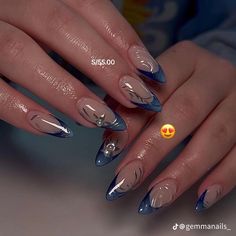 Silver French Nails, Blue Nails Inspiration, Pretty Blue Nails, Blue French Tip, Blue And Silver Nails, 2024 Nails, Blue Chrome, Formal Nails, Grunge Nails