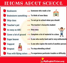 an info poster with the words idoms about school and some other things to do