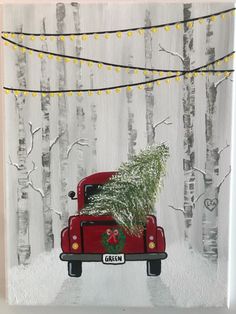 a painting of a red truck with a christmas tree in the back