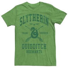 a green t - shirt that says slytherin team seker quiddith hogwart's