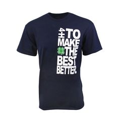 A 100% cotton t-shirt that comes with the "To Make the Best Better" slogan imprinted on it, along with our signature 4-H clover. Youth Size Chart YS YM YL Chest 17 18 19 Body Length at Back 22 23.5 25 Sleeve Length from Center Back 14.5 15.5 16.5 Adult Size Chart SM MD LG XL 2XL 3XL Chest 18 20 22 24 26 28 Body Length at Back 28 29 30 31 32 33 Sleeve Length from Center back 15.625 17 18.5 20 21.5 22.88 4 H Clover, School Spirit Shirts Designs, 4 H Club, Hand Health, School Spirit Shirts, Spirit Shirts, Club Shirts, Team Shirts, Mom Shirts