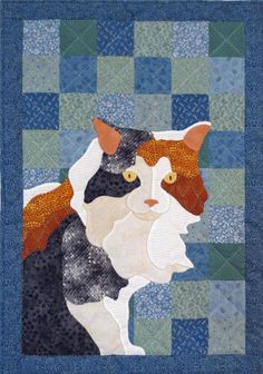 a patchwork quilt with a cat on it's back and one eye open