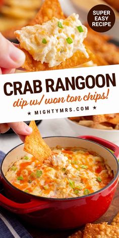 crab rangoon dip with wonton chips in a red bowl and text overlay reading crab rangoon dip with wonton chips