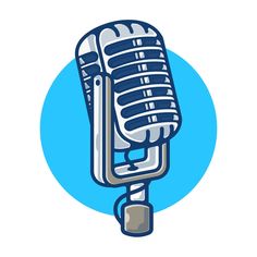 an old fashioned microphone on a white background with a blue circle around it and the words,