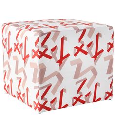 a red and white box with arrows on the lid is sitting in front of a white background