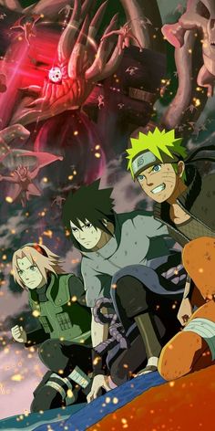 naruto and his friends are sitting on the ground in front of some demonic creatures