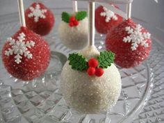 christmas cake pops on a glass platter