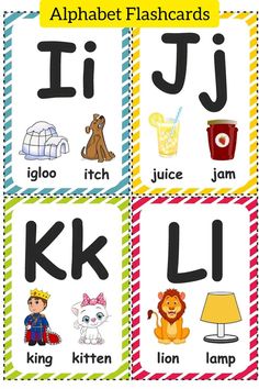 alphabet flashcards with pictures of animals and letters