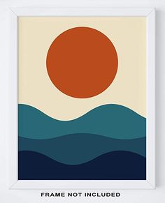 an orange sun over the ocean with blue water and waves in it, framed art print