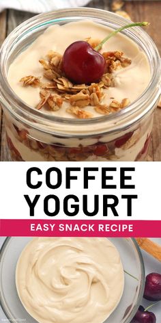 coffee yogurt in a glass jar with granola and cherries on the side