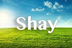 the word shay is in front of a green field with blue sky and clouds