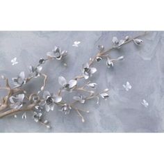 some white flowers and branches on a gray background