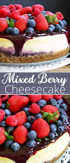 two images of mixed berry cheesecake with chocolate sauce and fresh berries on the top