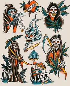 an old school tattoo design with skulls and other items