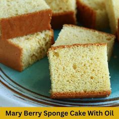 several slices of cake on a plate with the words mary berry sponge cake with oil