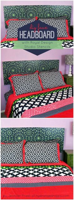 two pictures of a bed with red and green sheets on it's headboard