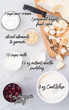 the ingredients to make cranberry bread are shown on a cutting board, including cream, sugar and yogurt