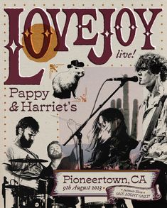 the poster for lovejoy's happy and harriet's, featuring two people playing instruments