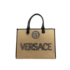 Style: Versace Medusa Studded Raffia Large Tote Material: Raffia / Leather Trim Features: Inner Pockets, Fabric Lining, Studded with Medusa Logo Measures: 16" W x 12" H x 4" D Color: Brown.  Gender: female.  Age Group: adult. Large Tote, Leather Trim, Cloth Bags, Leather Trims, Gender Female, Versace, Bag Accessories, Age Group, Bag Lady