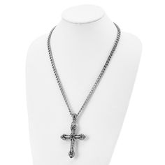 Daring, mesmerizing, eclectic style! This men's oversized stainless steel necklace features an extra-large, reversible, antiqued ornate cross pendant accented with synthetic (lab created) black agate stones. The pendant is approximately 52mm (2 inches) in width by 90mm (3 1/2 inches) in length, which includes the bail. It hangs on a 7mm width by 24-inch long curb chain finished with a fancy lobster clasp. Curb Stone, Black Agate Stone, Initial Pendant Necklace, Bow Jewelry, Hoop Earring Sets, Black Agate, Black Bow, Initial Pendant, Jewelry Companies