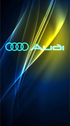 an image of the word audi in blue and yellow with swirly lines on it