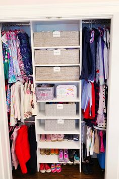 the closet is full of clothes and shoes for children to put in their own storage bins