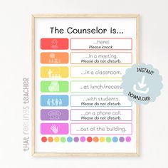 a poster with the words'the conselor is'in different colors and sizes