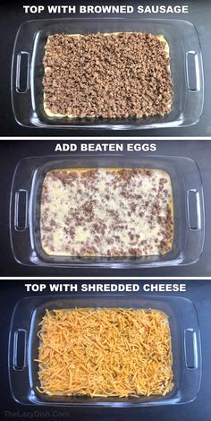 three different types of casserole in plastic containers with cheese on top and bottom