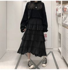 44830748803317 Winter Warm Outfits, To Unit, Asymmetrical Dresses, Ruffle Skirts, Trendy Cardigans, Ruffle Maxi Skirt, Different World, Womens Maxi Skirts, Long Skirts