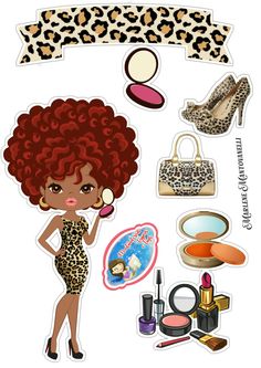 a girl with red hair and leopard print on her body is surrounded by various items