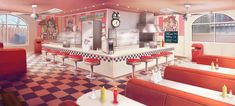 the interior of a diner with checkered flooring