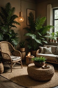 a living room filled with lots of plants and furniture