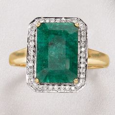 Ross-Simons - 5.50ct Emerald, .20ct t. w. Diamond Ring in 14kt Yellow Gold. Size 5. An RS exclusive. Emerald lovers will appreciate the value of this impressive jewel! Our cocktail ring frames a 5.50 carat emerald with .20 ct. t. w. round brilliant-cut diamonds in white rhodium. Set in polished 14kt yellow gold. 5/8" wide. Diamond and emerald ring. Emerald birthstones are the perfect gift for May birthdays. Classic Emerald Ring With Pave Setting For Anniversary, Classic Emerald Cut Ring With Pave Setting, Formal Diamond Ring With Prong Setting For May Birthstone, Fine Jewelry Emerald Ring With Pave Setting, Formal Emerald Ring With Pave Setting, Formal Yellow Gold Emerald Ring With Pave Setting, Formal Emerald Cut Emerald Ring With Pave Setting, Formal May Birthstone Diamond Ring With Prong Setting, Formal Round Cut Emerald Ring With Pave Setting