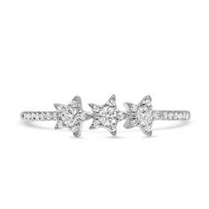 Dainty and sweet, this ring has three diamond stars are set upon a 1.5mm diamond band.  Approximately 31 diamonds at 0.20cttw are pave set into 14k gold. Wedding Ring Guide, Top Engagement Rings, Wedding Gifts For Men, Diamond Jewelry Earrings, Tri Star, Diamond Star, Jewelry Rings Diamond, Engagement Ring Styles, Shop Engagement Rings