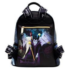 This LIMITED EDITION Maleficentfashion mini backpack features the evil villain Maleficent from Disney's Sleeping Beautyin eerie, darkcolors. The side pouches show Maleficent's minions waiting to do her bidding for some unknown evil. Some of her fellow Villains make an appearance on the back of the backpack with cameos from Ursula and Cruella de Vil. The bag has fabric straps perfect for puttingpins on. Black Disney Backpack For Halloween, Black Backpack For Theme Park, Themed Backpack For Everyday Use And Halloween, Halloween Themed Travel Backpack, Themed Halloween Travel Backpack, Black Disney-style Bag For Theme Park, Black Disney Bag For Theme Park, Black Disney Style Bag For Theme Park, Disney Halloween Backpack For Disney Trips