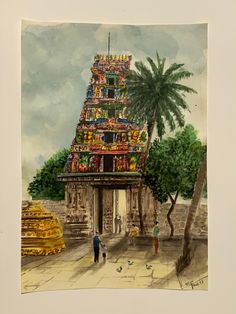 Tamil Traditional Art, Temple Illustration Indian, Indian Temple Illustration, Gopuram Painting, Indian Temple Drawing, India Painting Ideas, Temple Painting Indian, Temple Watercolor Paintings