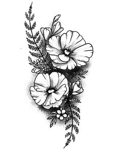 a black and white drawing of flowers