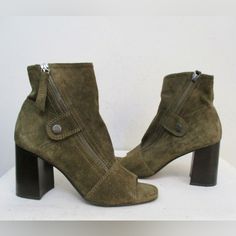 New In Box Side Zipper Closure With Button Color- Olive Green Chunky Heel With Open Toe Suede Leather Heel- Approximately 3" Trendy Open Toe Suede Boots, Matisse Boots, Maroon Boots, Leopard Boots, Buckle Booties, Matisse Shoes, Western Ankle Boots, Buckle Ankle Boots, Western Booties