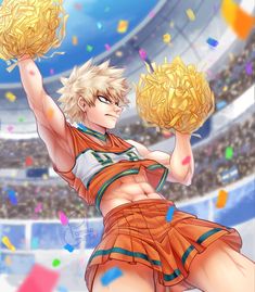 an anime character holding two gold balls in front of a large stadium filled with confetti