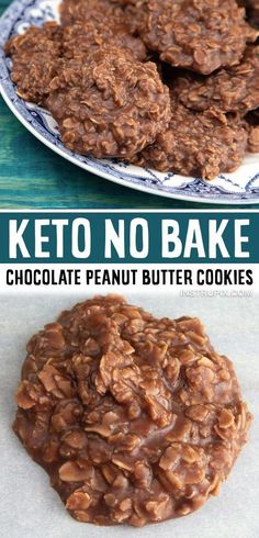 chocolate peanut butter cookies on a plate with the words keto no bake