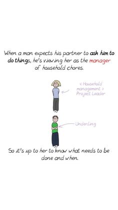 an image of a man standing in front of another man with the words, when a man expects his partner to ask him to do things, he's viewing her as the manager of household chores