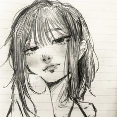 a pencil drawing of a girl with long hair and bangs looking to her left side