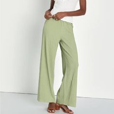 Fun Lightweight Pants. Could Wear As A Beach Coverup Or As Regular Pants! Green Straight Leg Pants For Day Out, Chic Green Bottoms For Loungewear, Green Stretch Pants For Day Out, Green Straight Leg Pants For Vacation, Green Non-stretch Pants For Vacation, Vacation Green Wide-leg Pants, Green Stretch Pants For Vacation, Green Stretch Bottoms For Day Out, Green High-waisted Pants For Vacation