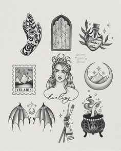 some tattoos on a white paper with black ink